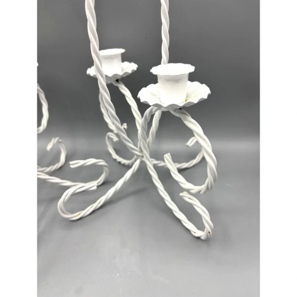 Vtg White Metal Twisted Wire Double Candle‎ Holders Set of 2 Cottagecore Decor